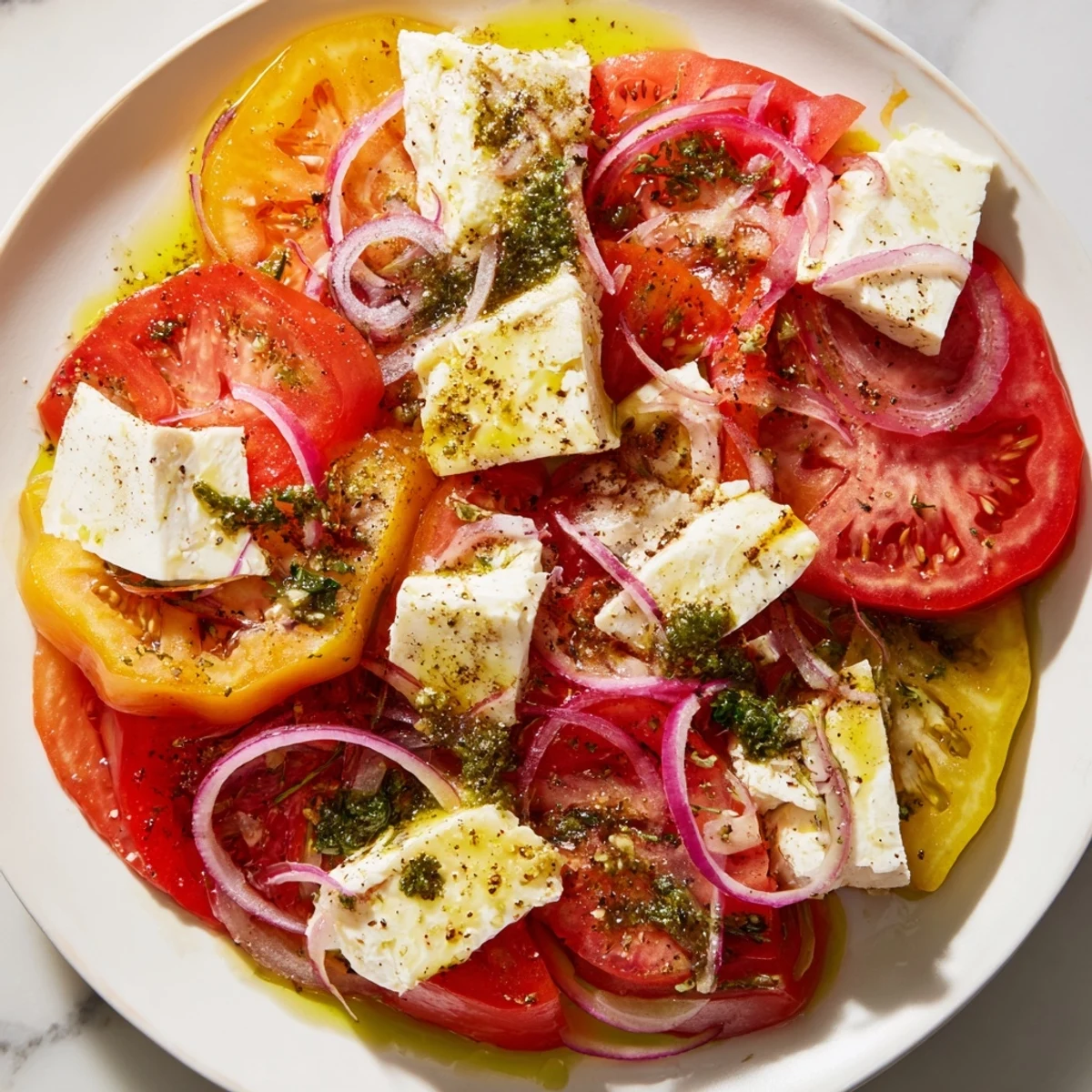 Bright Summer Tomato Salad featuring juicy tomatoes, basil-infused oil, and fresh mozzarella cheese.