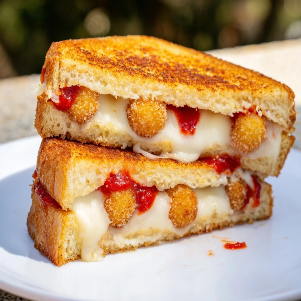 Crispy Italian bread holds a delicious mozzarella stick grilled cheese, loaded with gooey cheese.
