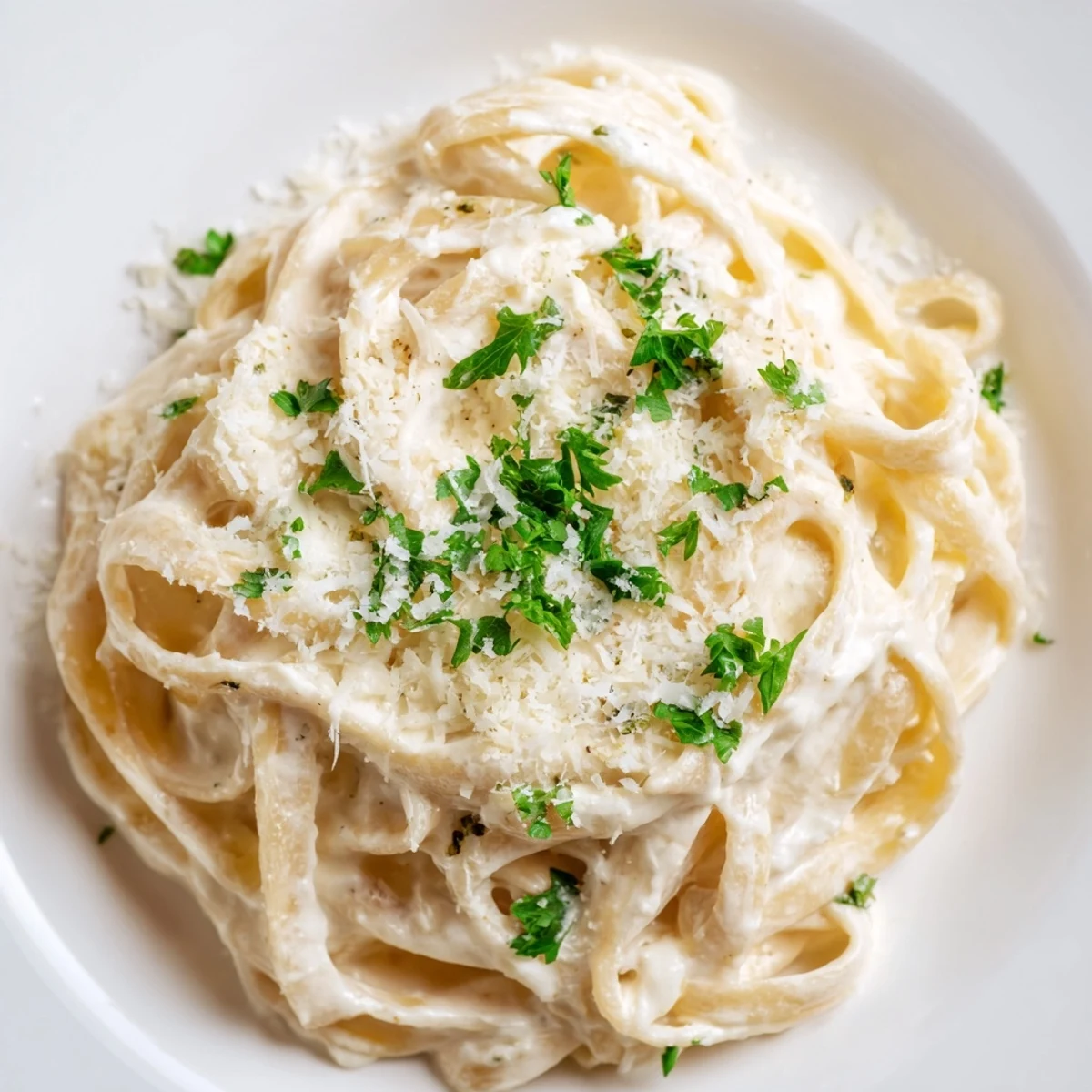 Creamy Pasta Alfredo Cottage Hack, swirled with parmesan and parsley, ready to enjoy.