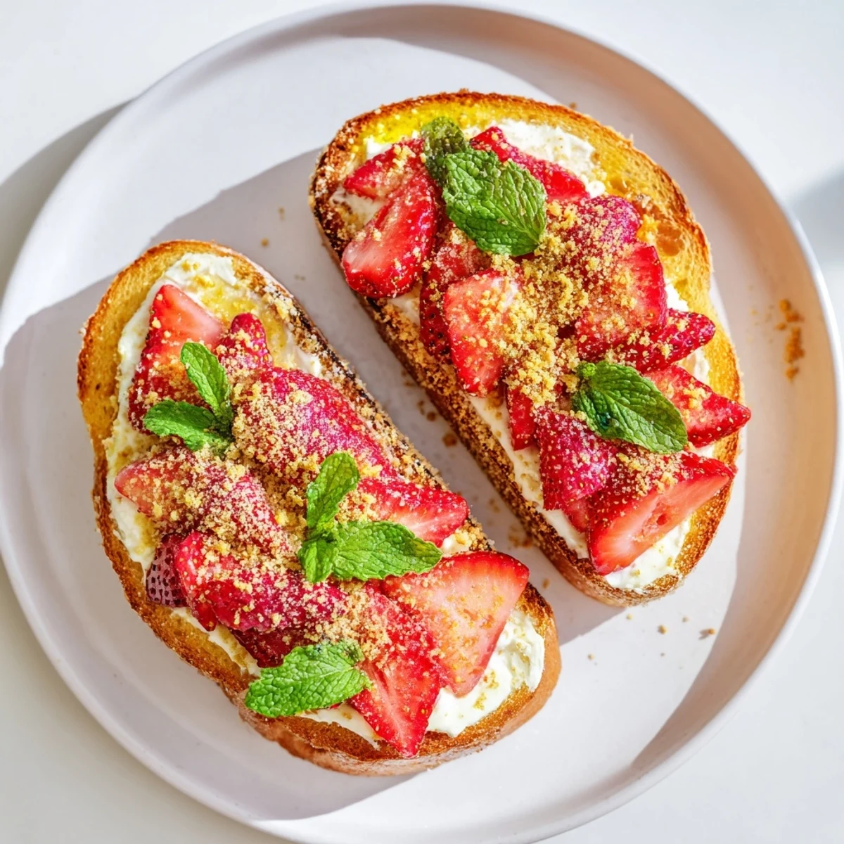 Strawberry Cheesecake Toast: A delightful close-up shows golden toasted bread topped with juicy strawberries and cream.