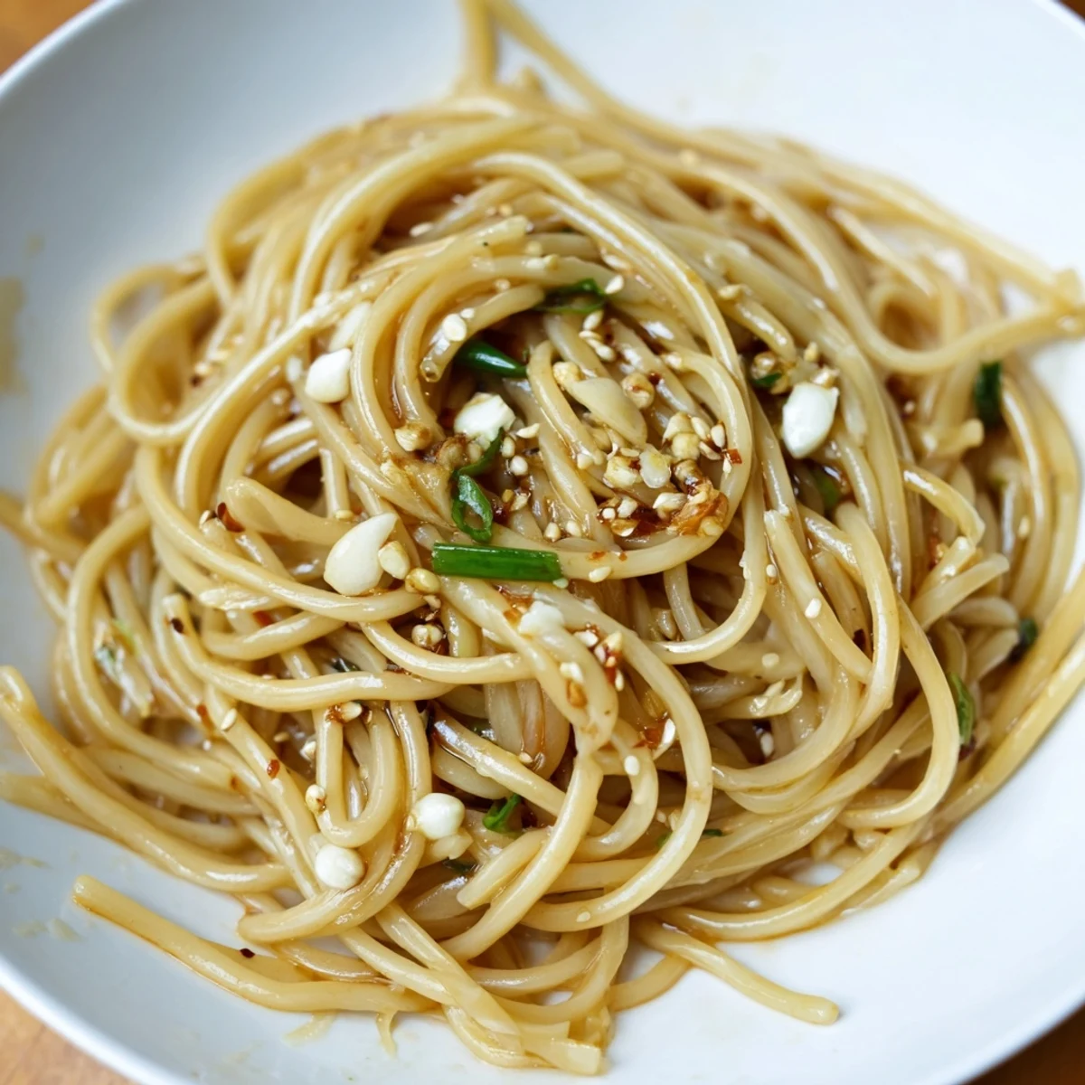 Vibrant image: Steaming bowl of Garlic Chili Oil Noodles, coated in spicy, flavorful sauce.