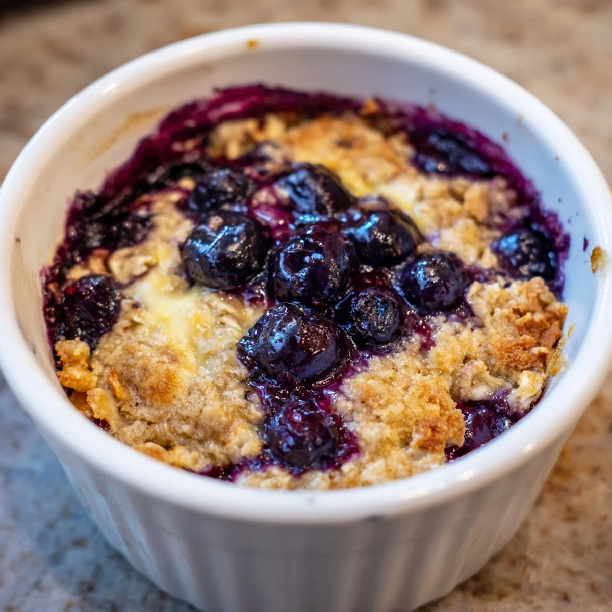 A close-up of warm, comforting Blueberry Baked Oats, oozing blueberries from every delicious bite.