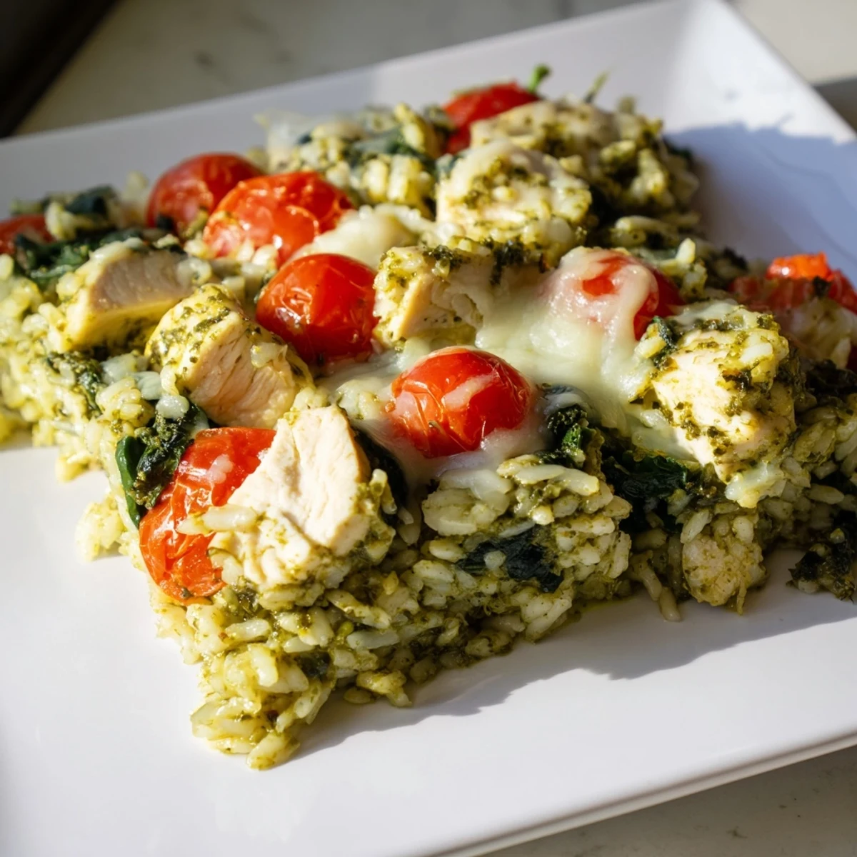 Golden, bubbly Chicken Pesto Rice Bake with melted cheese and fresh cherry tomatoes, ready to serve.