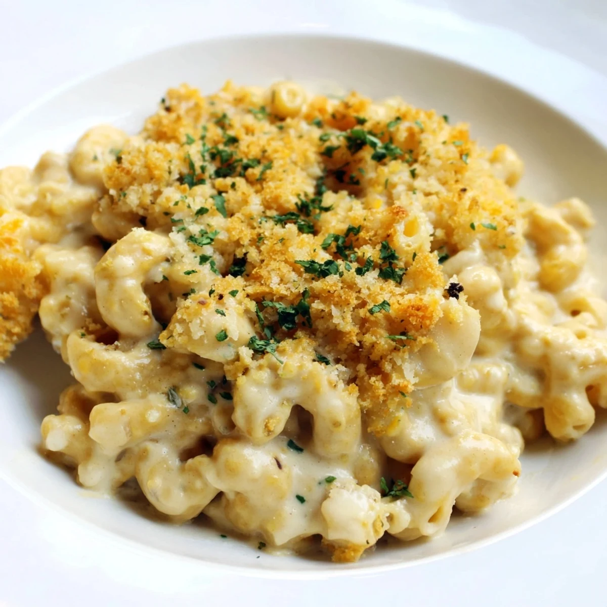 A bubbling, creamy High-Protein Mac & Cheese, rich with cheddar and blended cottage cheese sauce.