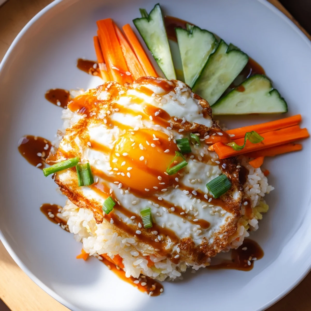Golden, crispy base of the Crispy Egg Rice Bowl topped with a perfectly fried egg.