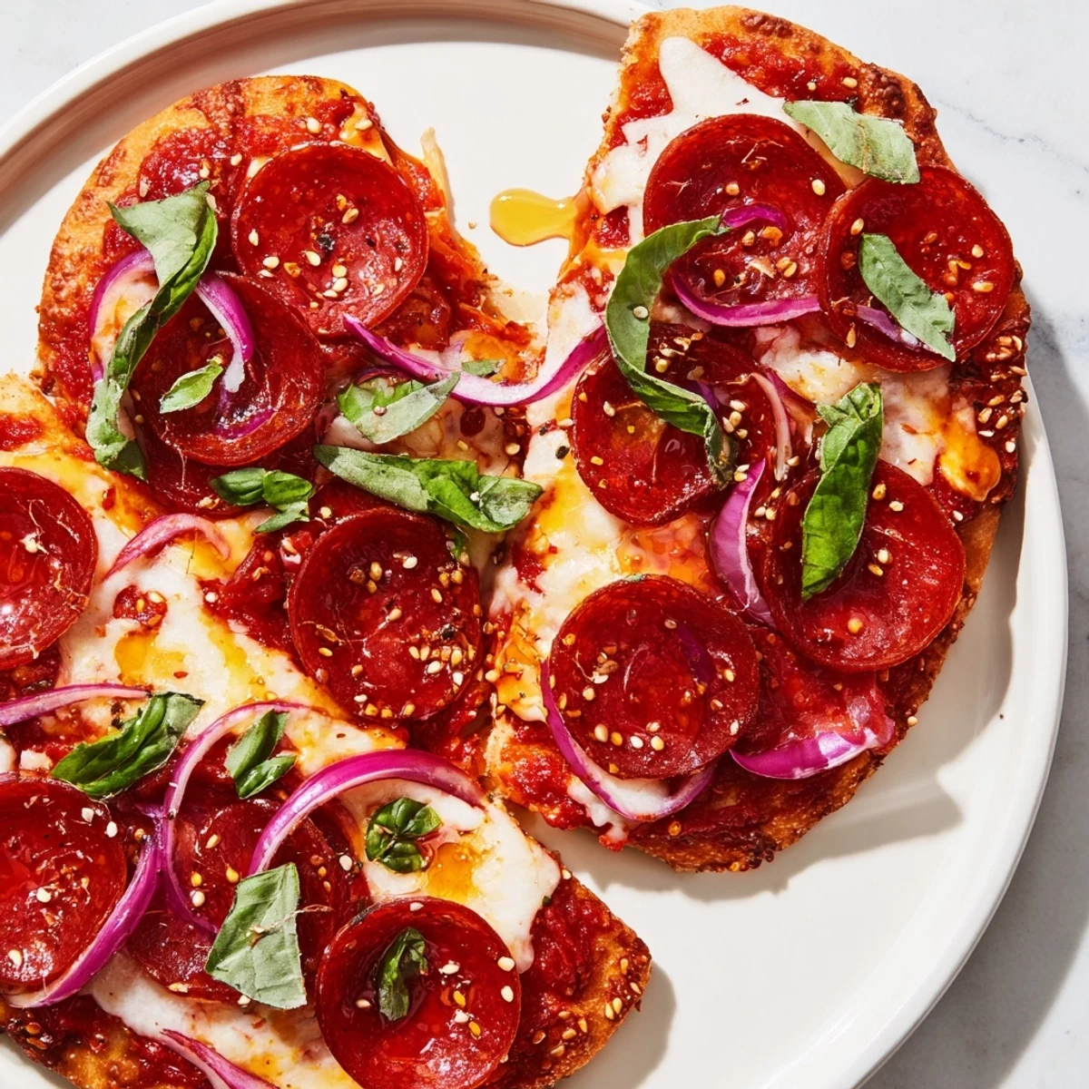 Crispy, cheesy Hot Honey Pepperoni Flatbread, dripping with honey's sweet and spicy glaze.