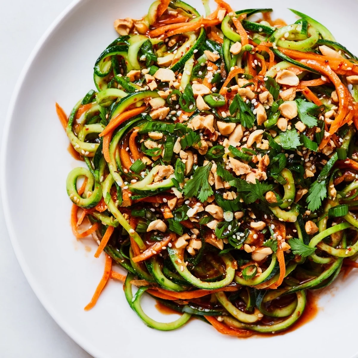Close-up of a refreshing Spicy Cucumber Noodle Bowl, ready to eat with sesame seeds and lime wedges.