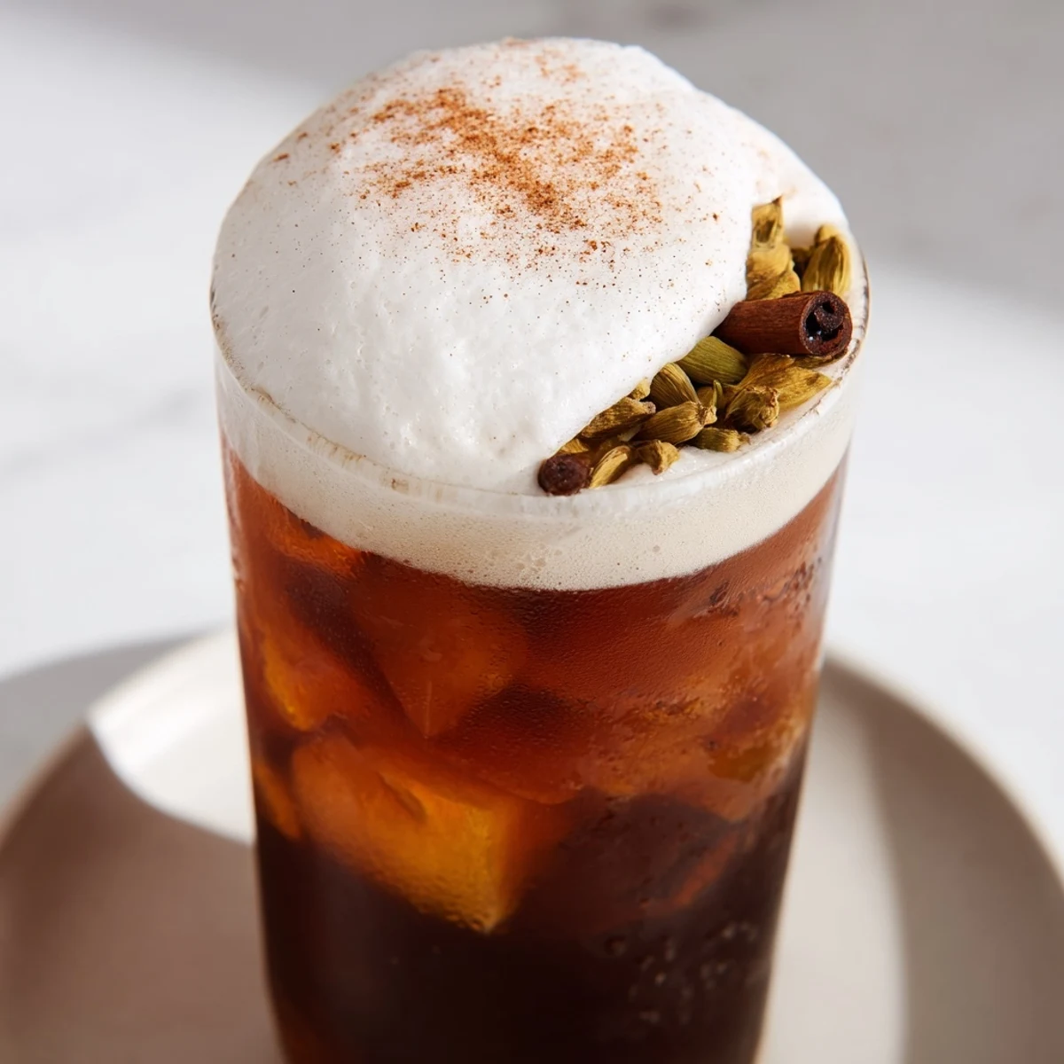A close-up of a homemade iced chai showcasing layered cold foam and a dusting of cinnamon.