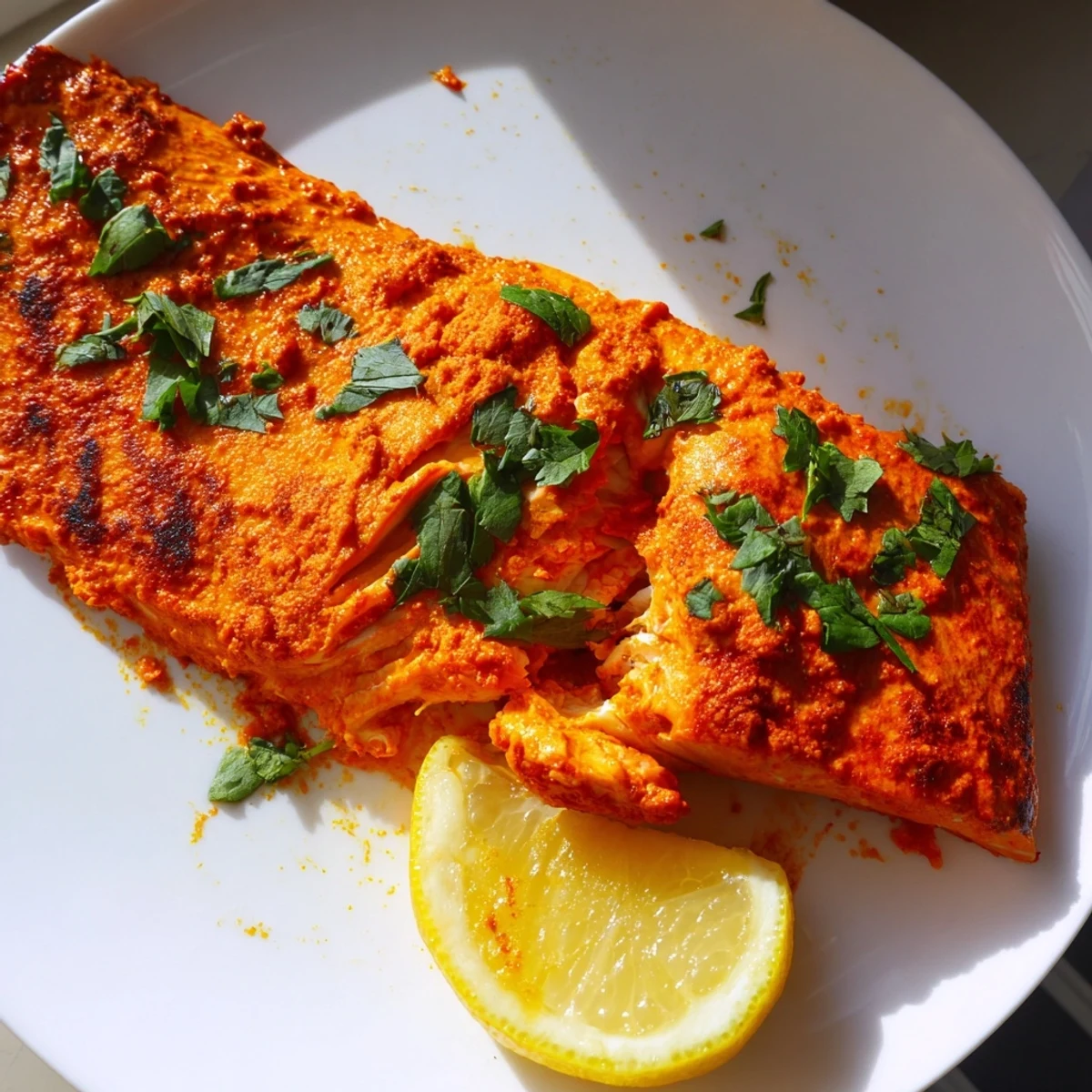 Vibrant Indian Tikka Salmon, coated in a rich marinade, ready to be baked to flaky perfection.