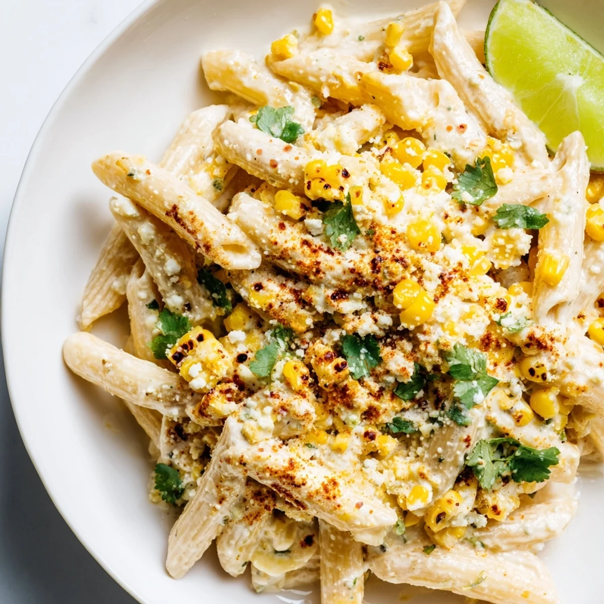Creamy Mexican Street Corn Pasta, with vibrant corn and crumbled cotija, ready to serve and enjoy.