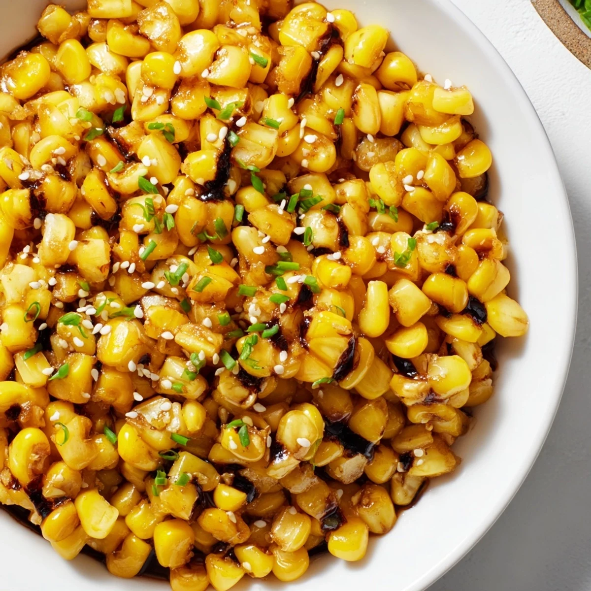 Steaming bowl of flavorful Japanese Butter Corn sprinkled with scallions and sesame seeds, ready to eat.