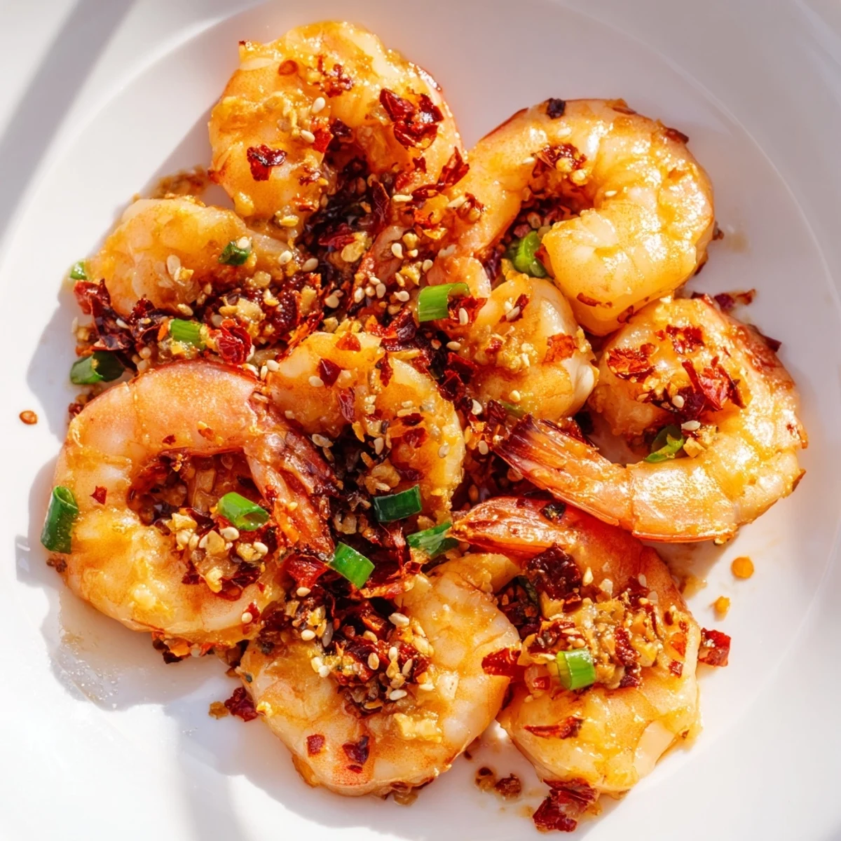 A beautiful close-up of the finished Korean Garlic Butter Shrimp, garnished with scallions and sesame seeds.