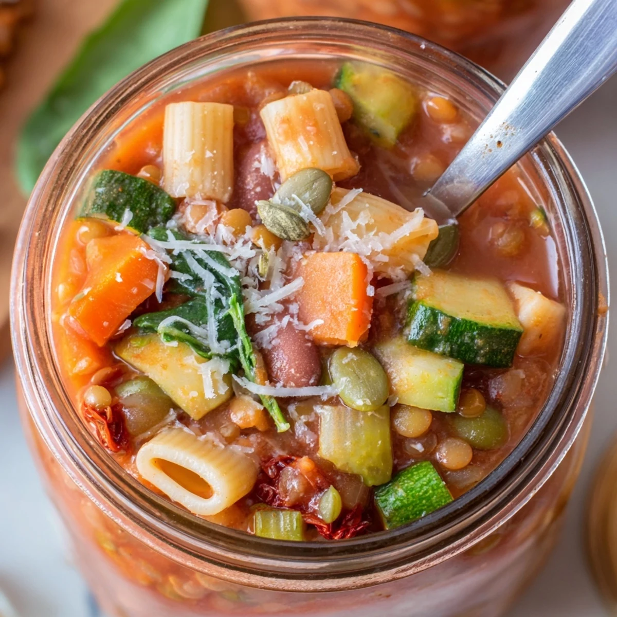 Hearty Minestrone Soup in a glass jar showcases colorful diced carrots, zucchini, and spinach for a wholesome, grab-and-go vegetarian dinner.  