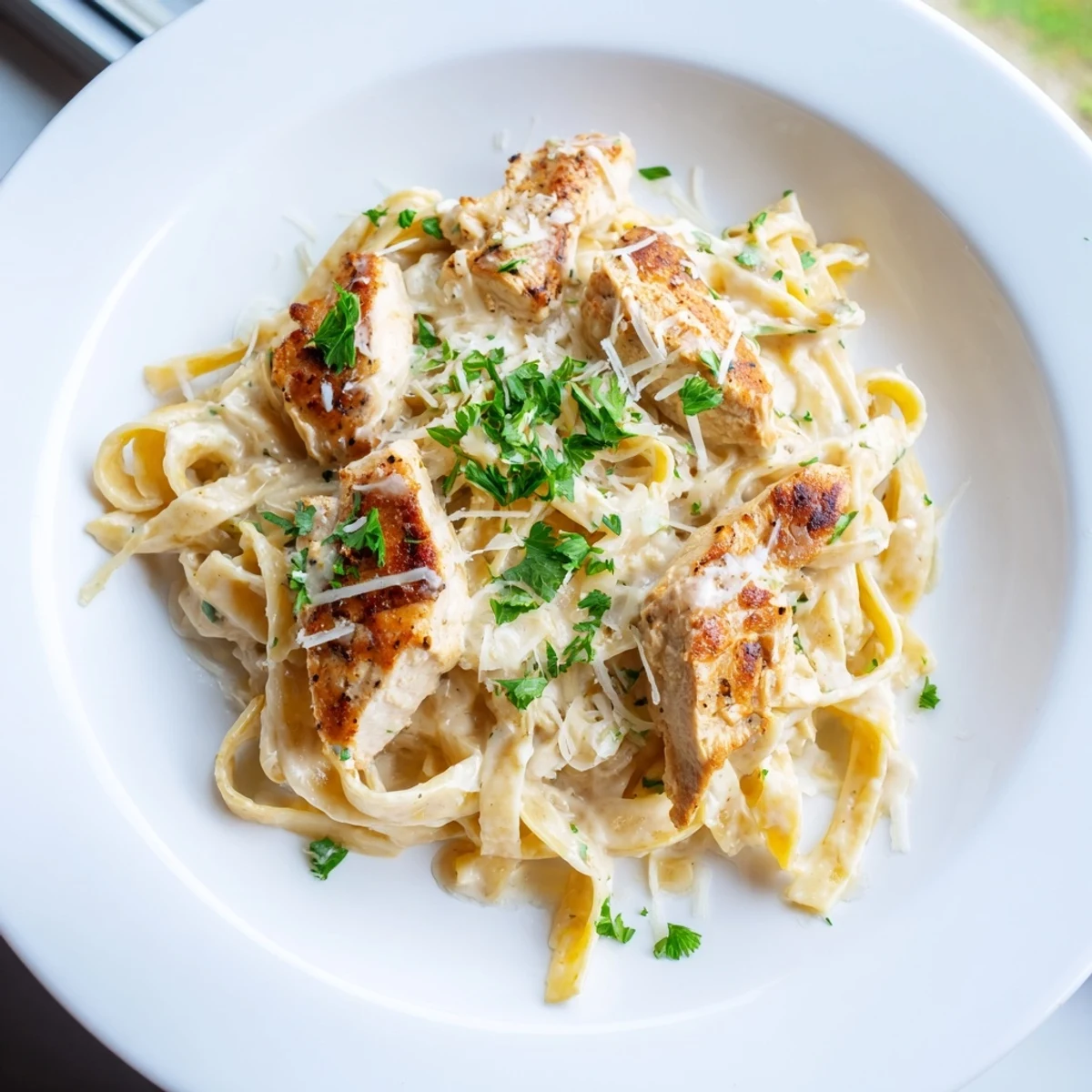 Golden Skillet Chicken Alfredo with tender strips of chicken nestled in creamy, cheesy sauce over perfectly al dente fettuccine, garnished with fresh parsley and extra Parmesan for a comforting Italian-American weeknight dinner.  