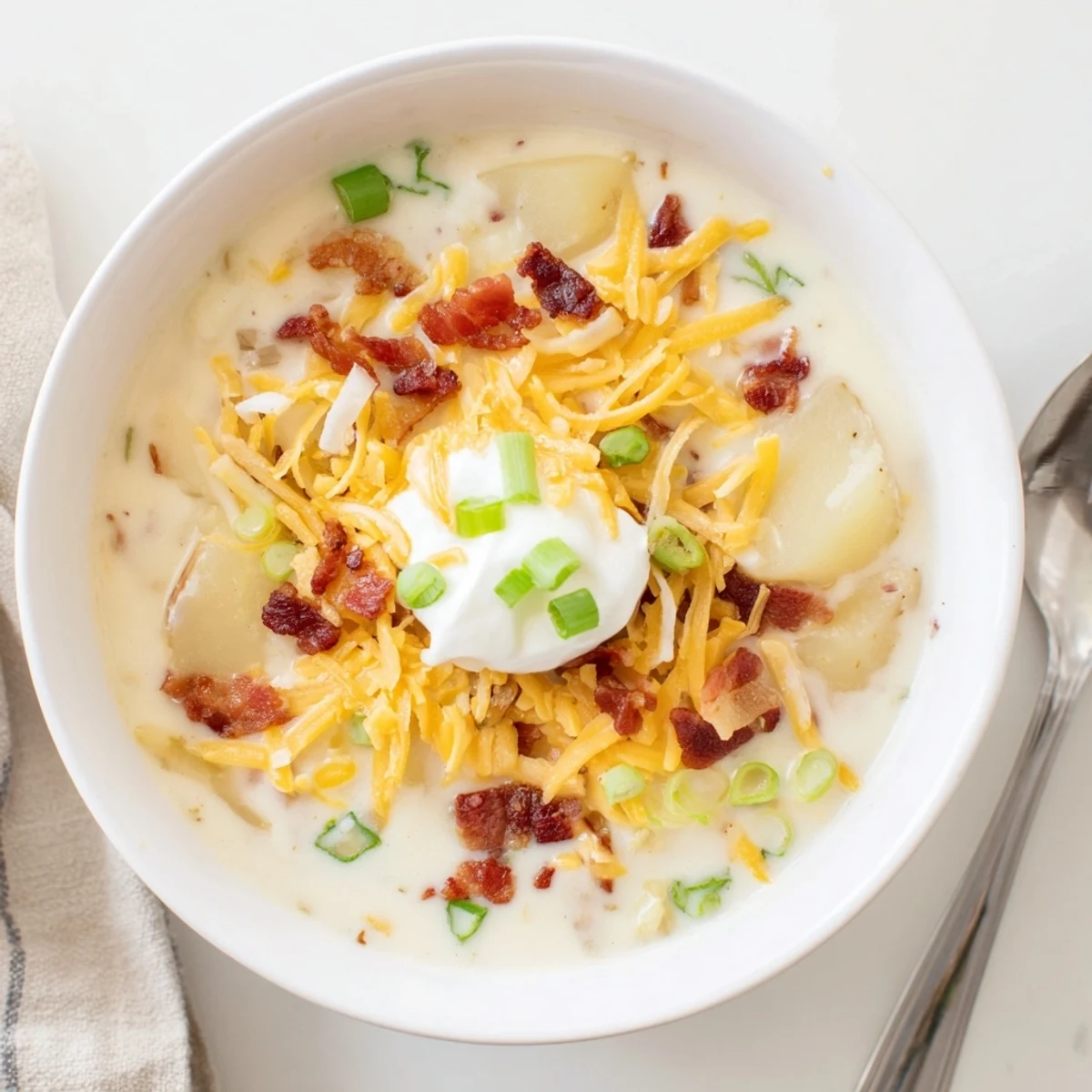 Creamy loaded baked potato soup with crispy bacon crumbles, sharp cheddar, and fresh green onions in a cozy bowl.