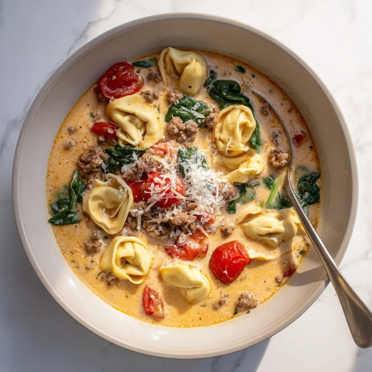 Close-up of Tortellini Beef Soup garnished with fresh basil and Parmesan, showcasing hearty Italian-American flavors perfect for a cozy dinner.