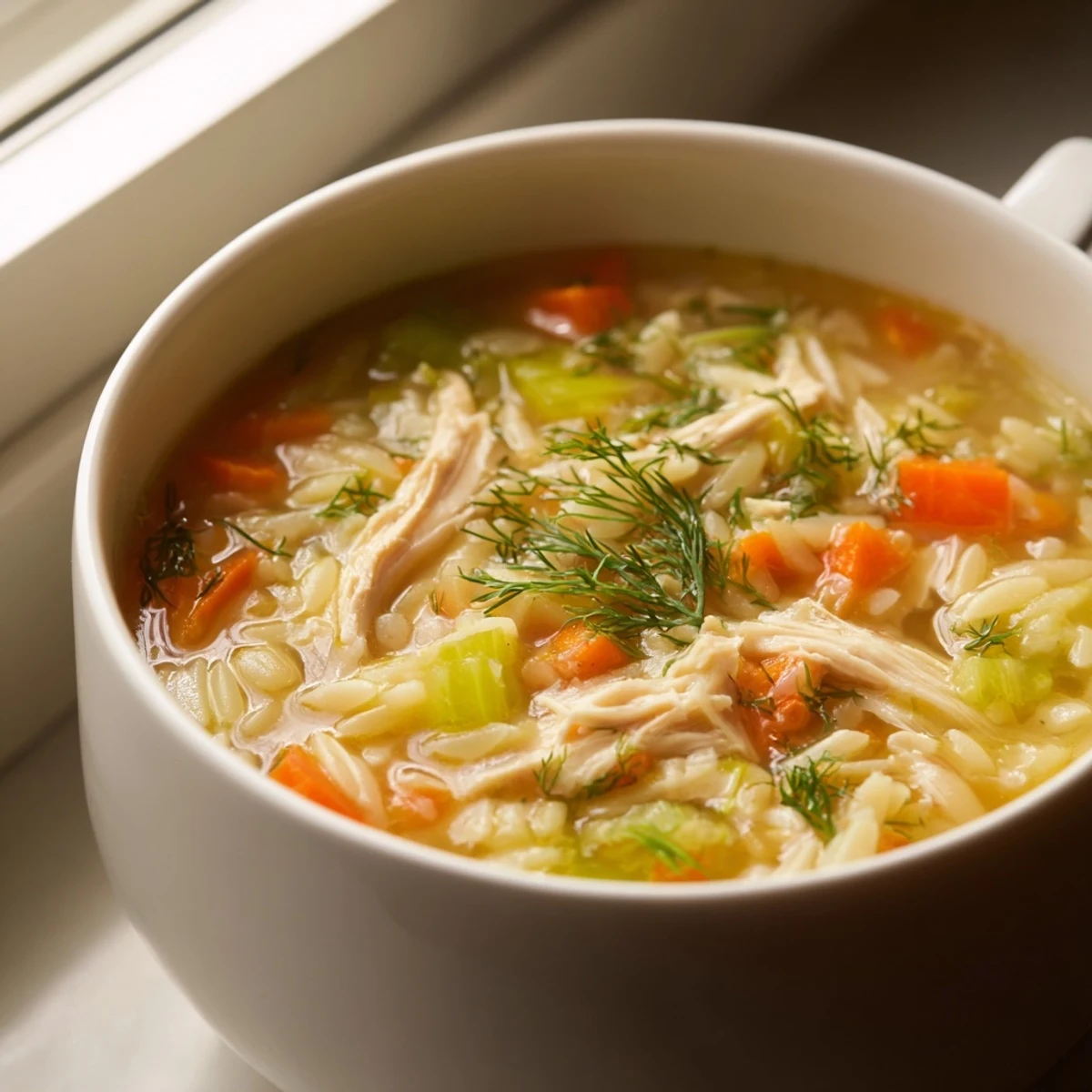 Steam rises from a warm bowl of Chicken Lemon Orzo Soup, garnished with fresh dill and lemon zest.