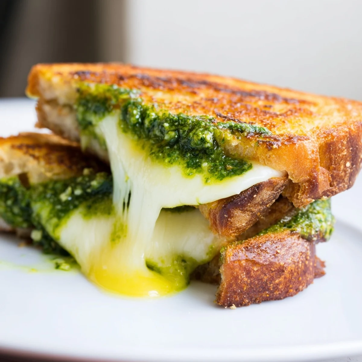 Crispy golden sourdough slices oozing melted mozzarella and sharp cheddar, slathered with vibrant spinach pesto, served warm for a cozy lunch.  