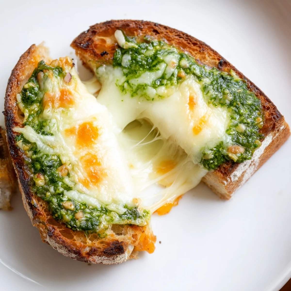 Homemade spinach pesto grilled cheese sandwich with garlicky greens and melty cheese, displayed on a rustic plate with a bowl of tomato soup.