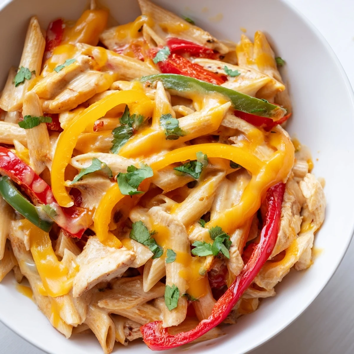 Cheesy Chicken Fajita Pasta served hot with lime wedges and colorful peppers on a plate.