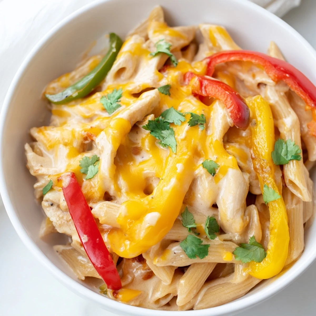 One-pan Chicken Fajita Pasta with tender chicken, onions, peppers, and a creamy sauce.