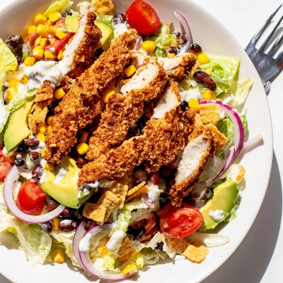 Golden crispy chicken strips sit atop a vibrant bed of romaine lettuce, cherry tomatoes, black beans, and corn.