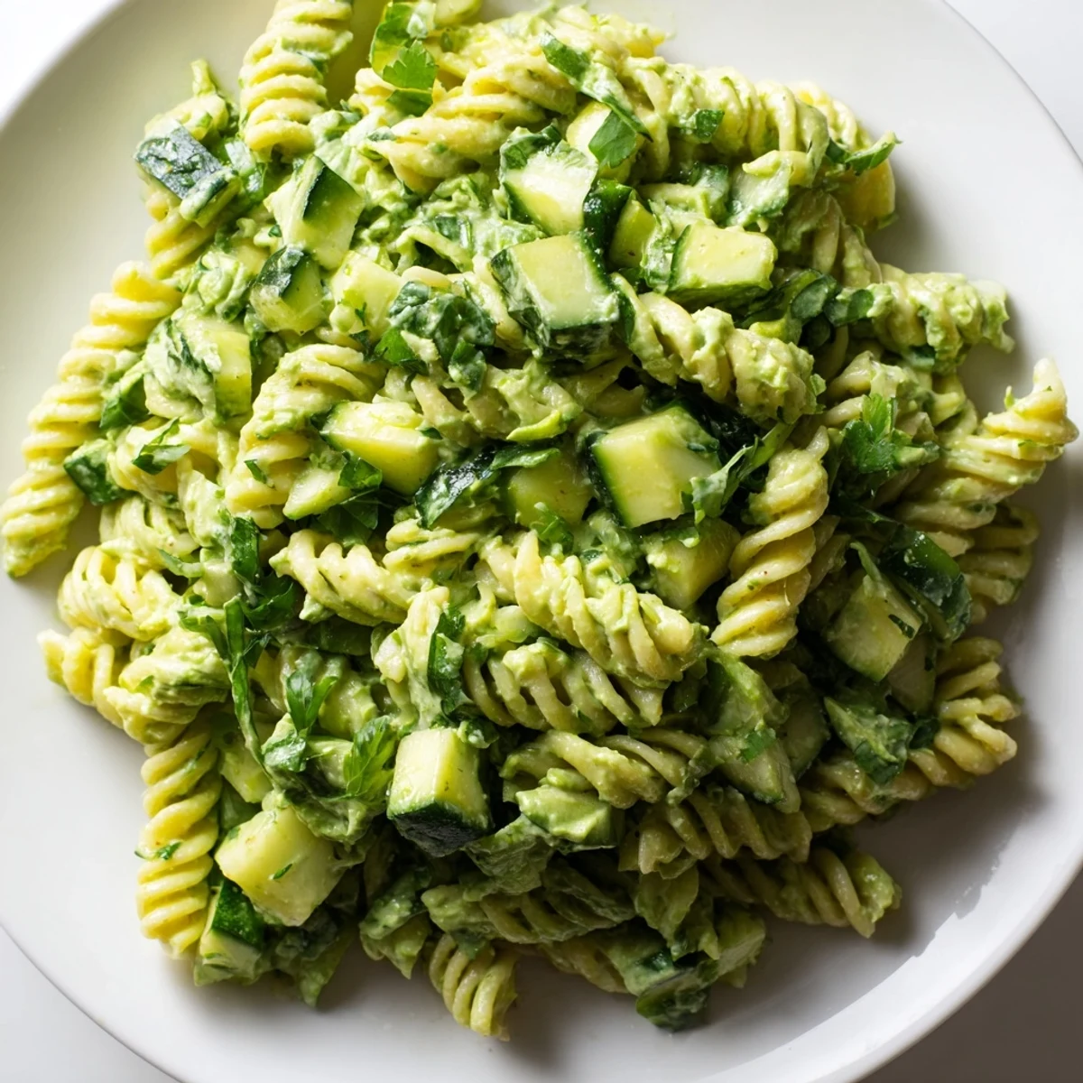 Green Goddess Pasta Salad with creamy avocado-yogurt dressing, tender pasta, crisp cucumbers, and fresh herbs, served in a white bowl.