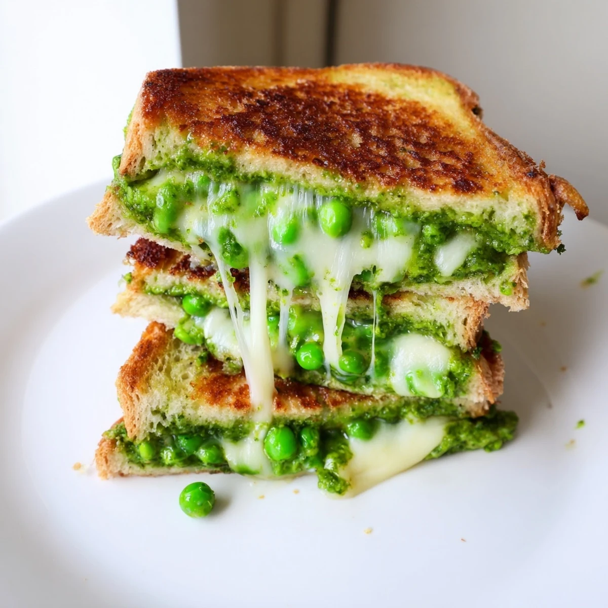 Golden-brown sourdough slices, filled with melted mozzarella and vibrant green spring pea pesto, grilled to perfection.  