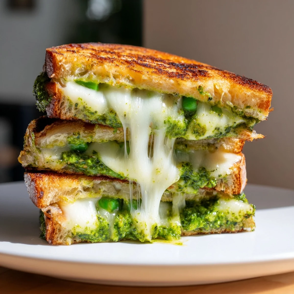Spring Pea Pesto Grilled Cheese sandwich cut diagonally on a rustic plate, ready to serve.  