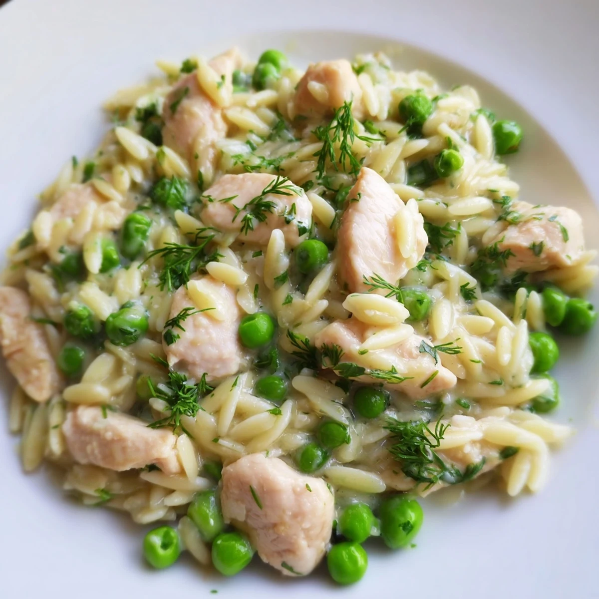 Top-down perspective of Lemon Herb Chicken Orzo Skillet in a rustic skillet, garnished with fresh parsley, dill, and bright lemon slices.