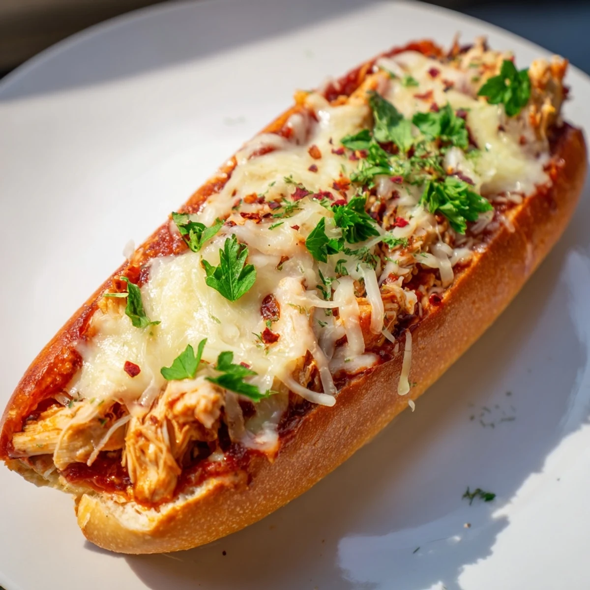 Golden-brown garlic bread boats filled with tender chicken in marinara sauce, topped with melted mozzarella and Parmesan cheese, served as a hearty appetizer.