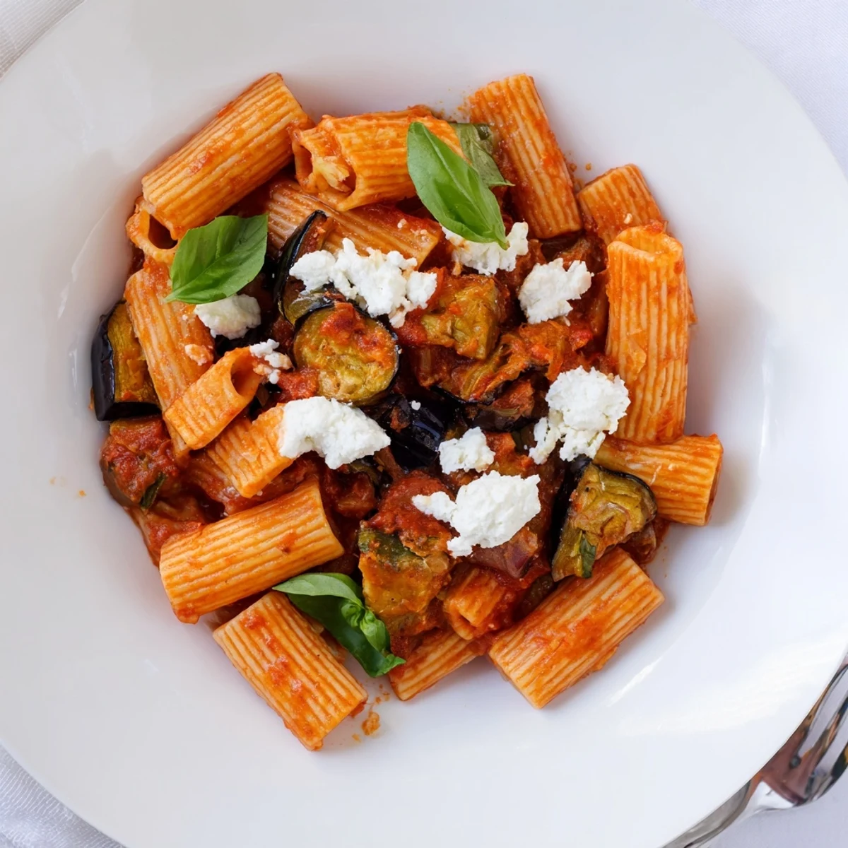 Fork twirling through al dente rigatoni coated in a rich tomato sauce, topped with golden roasted eggplant and crumbled ricotta salata.  