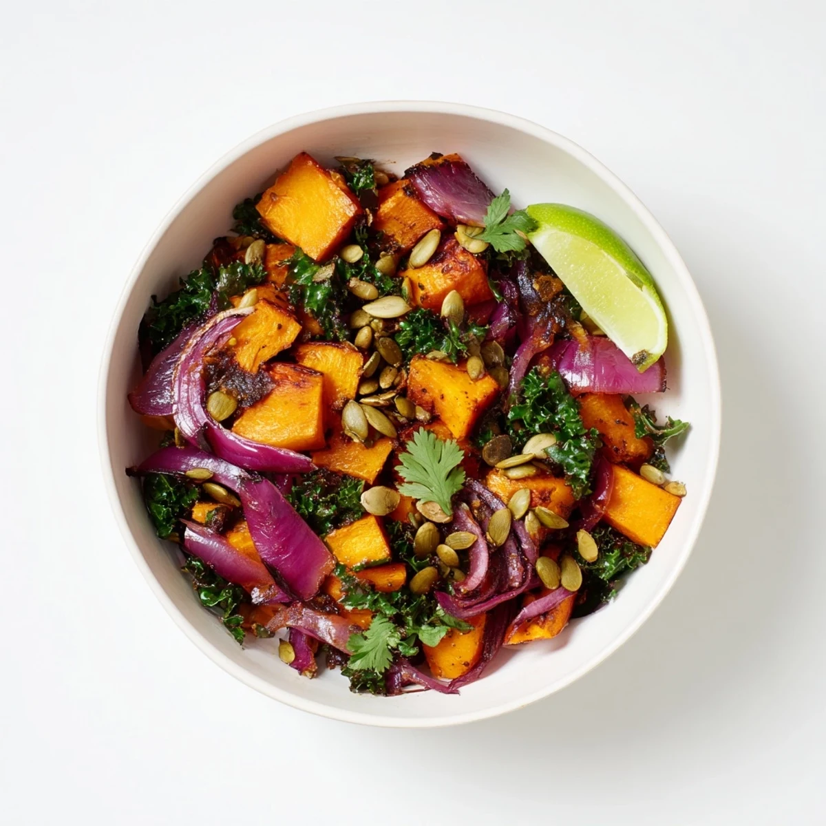 Roasted Sweet and Spicy Red Kuri Squash Bowl garnished with pepitas and fresh cilantro on a rustic table.
