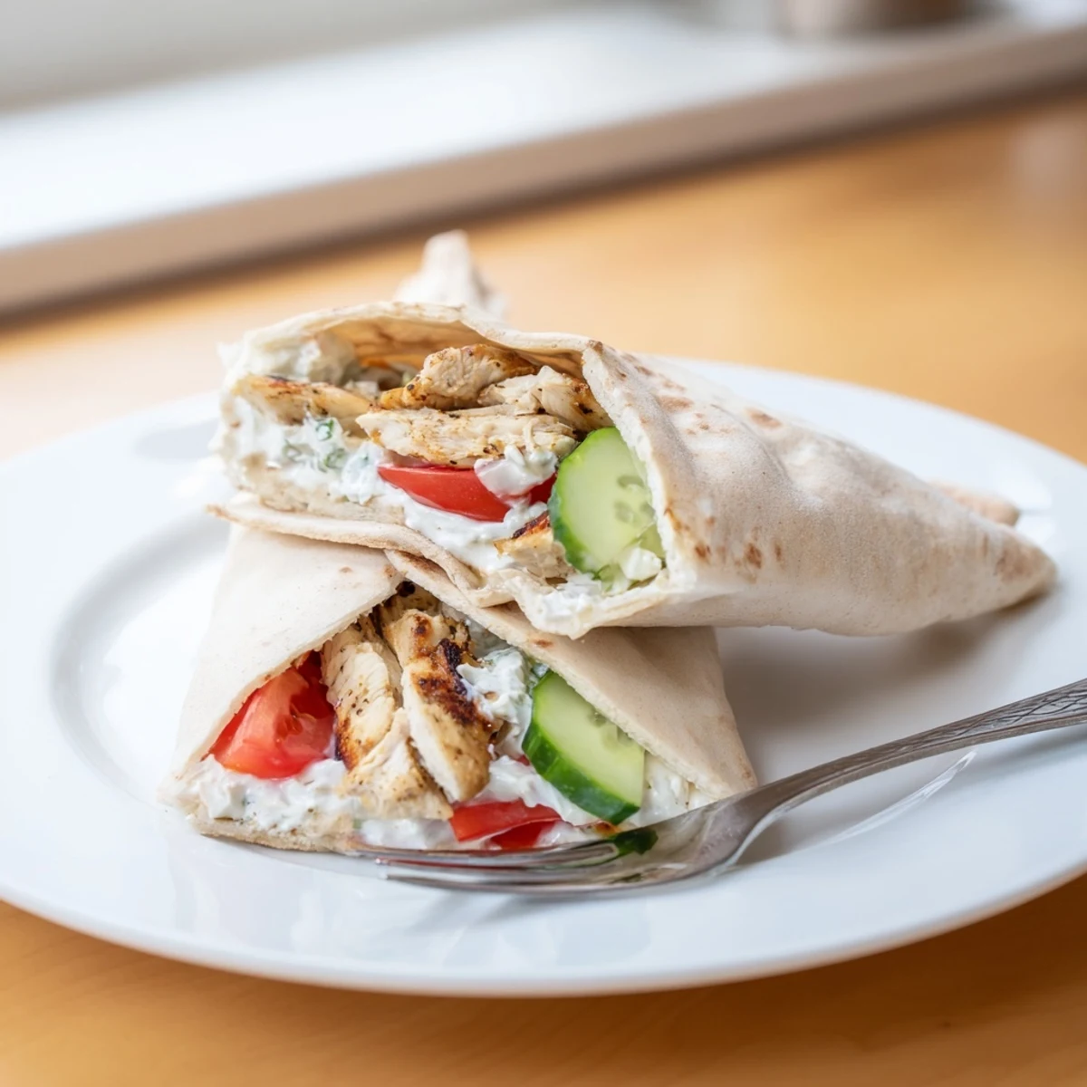 Grilled chicken, crisp cucumbers, and creamy tzatziki stuffed into a warm pita for a fresh Greek Chicken Wrap.