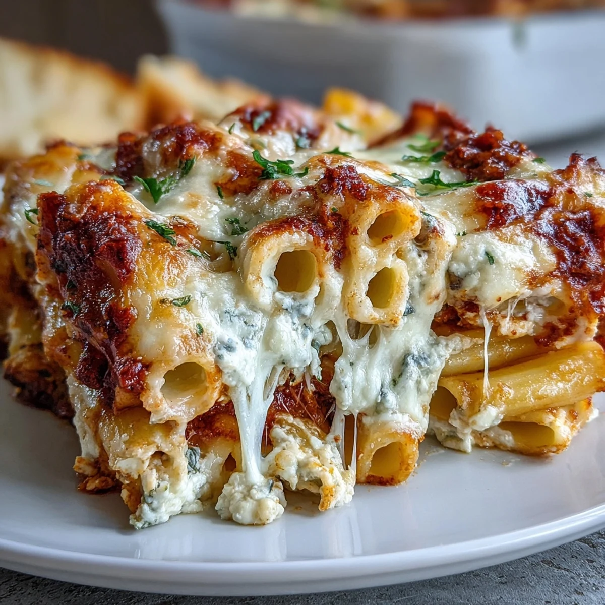 A hearty slice of make-ahead baked ziti, showcasing melted cheese layers and rich sauce.