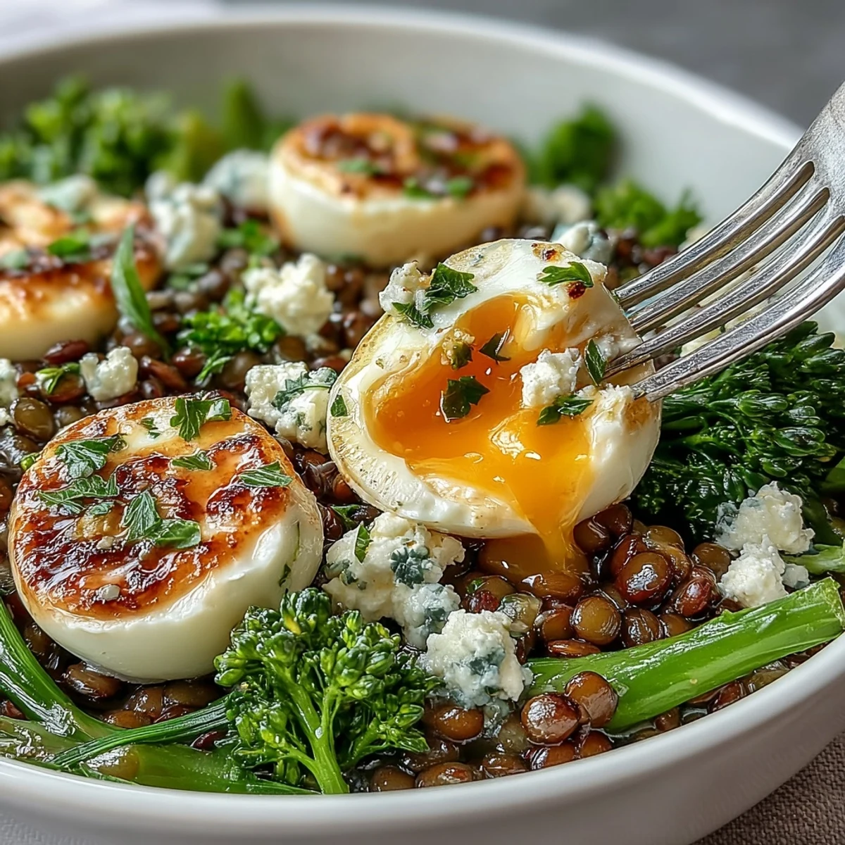 French lentil salad with broccolini and soft-cooked eggs, artfully plated.