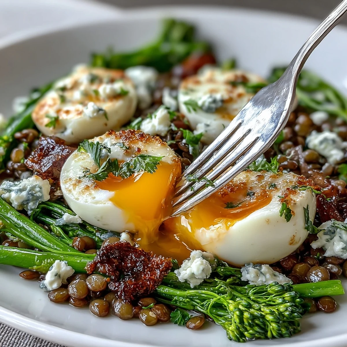 Hearty French lentil salad with broccolini and jammy eggs, ready to serve.