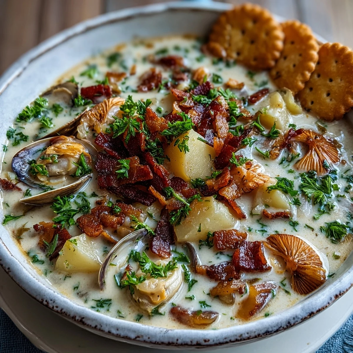 Creamy New England Clam Chowder with tender clams and potatoes, served hot with oyster crackers.