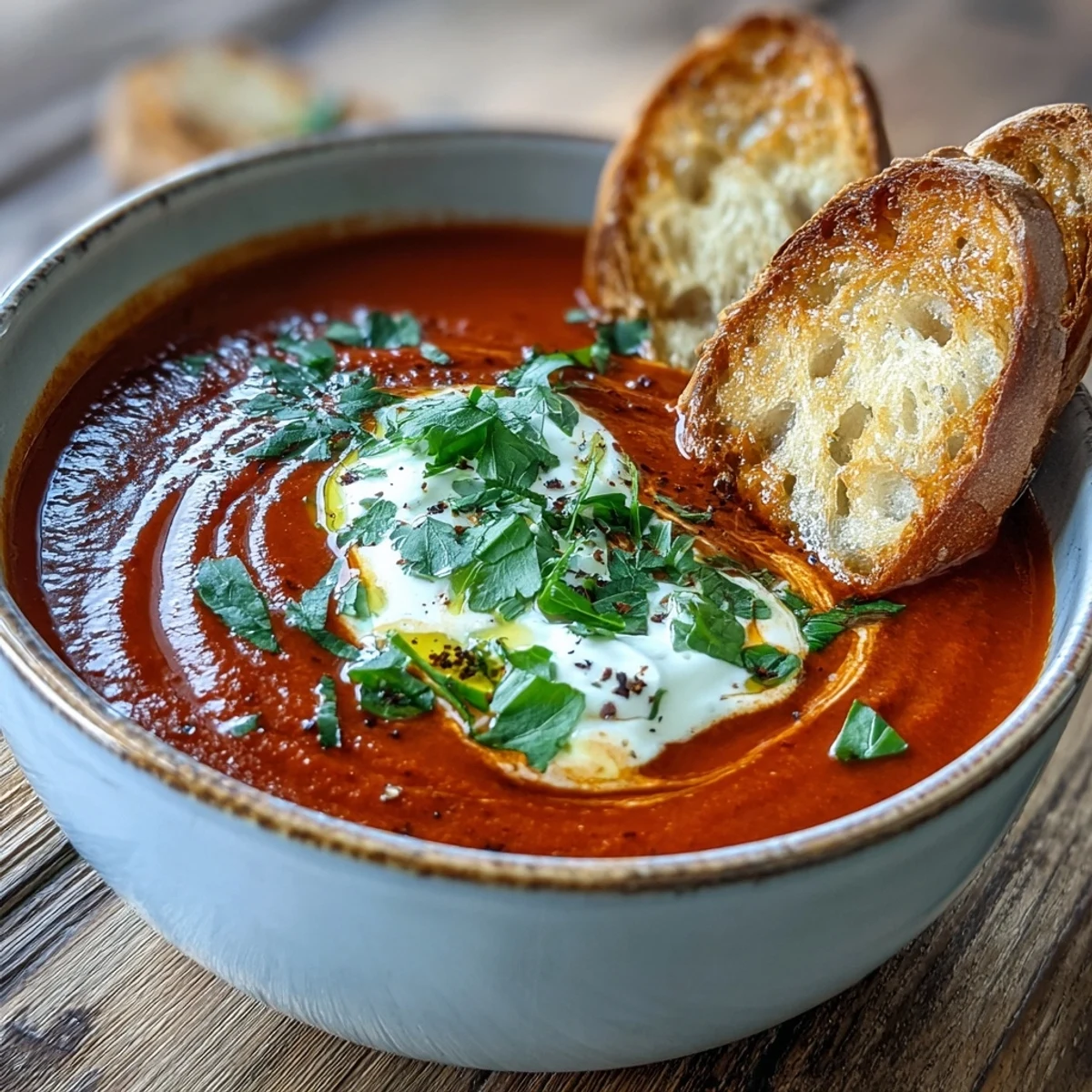 Silky Roasted Red Pepper Soup in a white bowl, garnished with a swirl of crème fraîche and fresh cilantro.