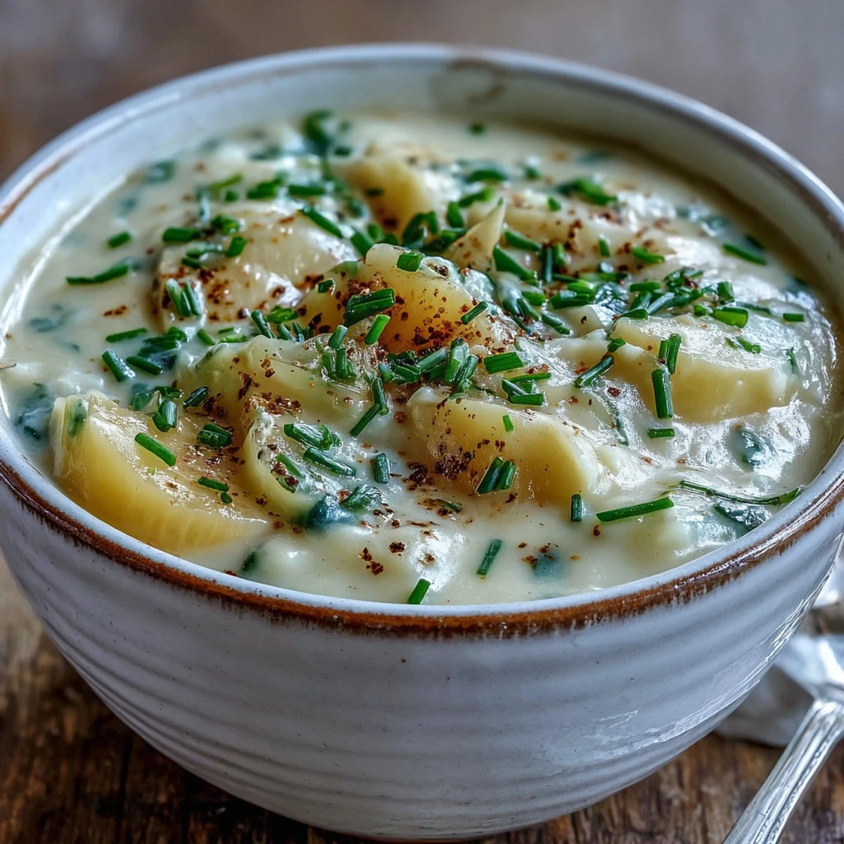 Creamy Potato Leek Soup garnished with fresh chives in a rustic bowl, showing a smooth texture and steam rising for a comforting meal.