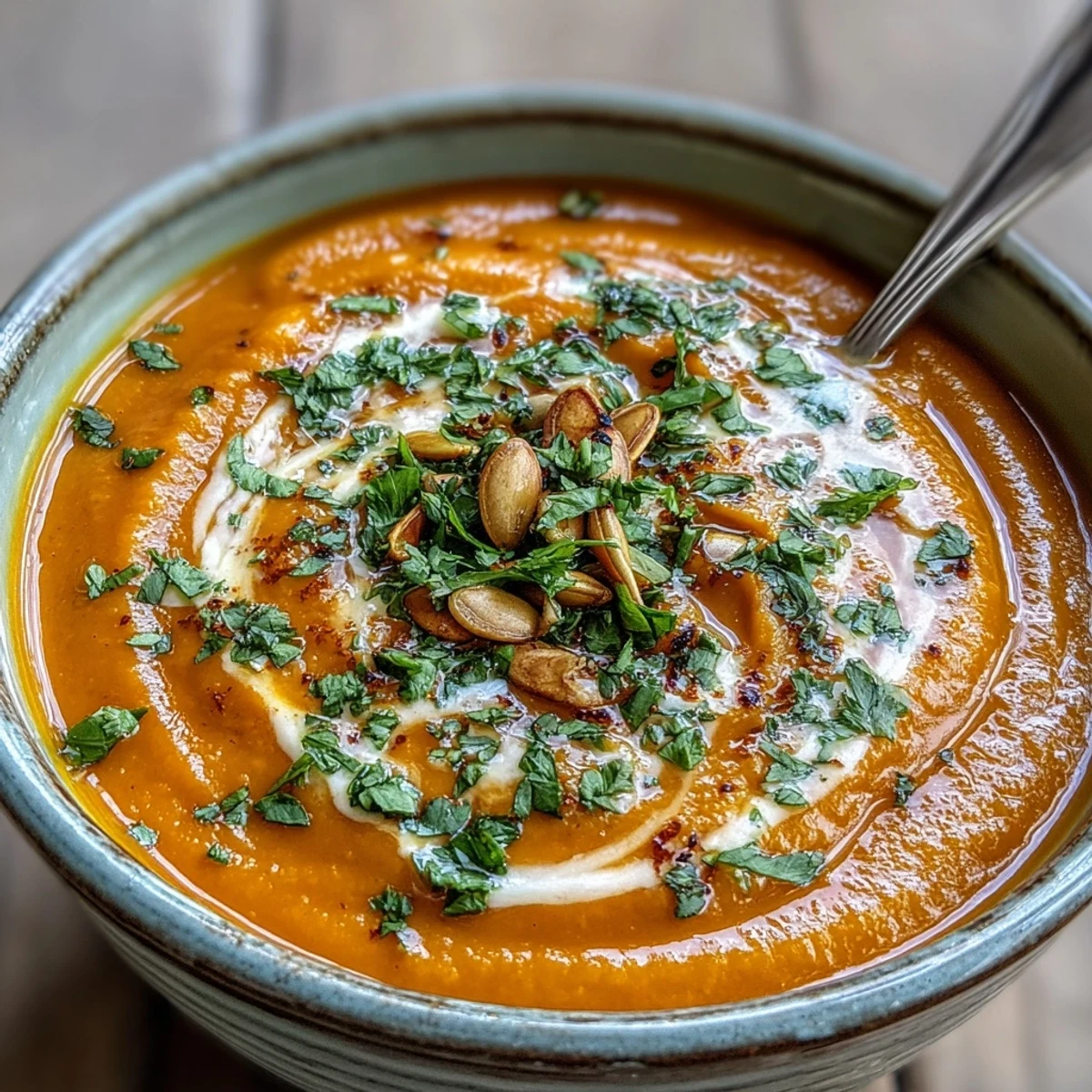 A warm bowl of carrot ginger soup garnished with cilantro and a drizzle of coconut milk.