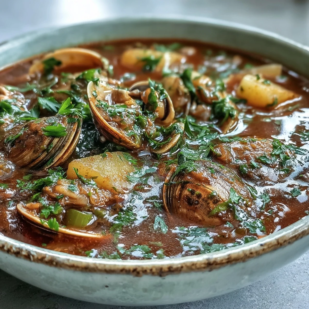 A pot of Manhattan Clam Chowder simmering with a vibrant tomato broth, chopped vegetables, and fresh parsley garnish.