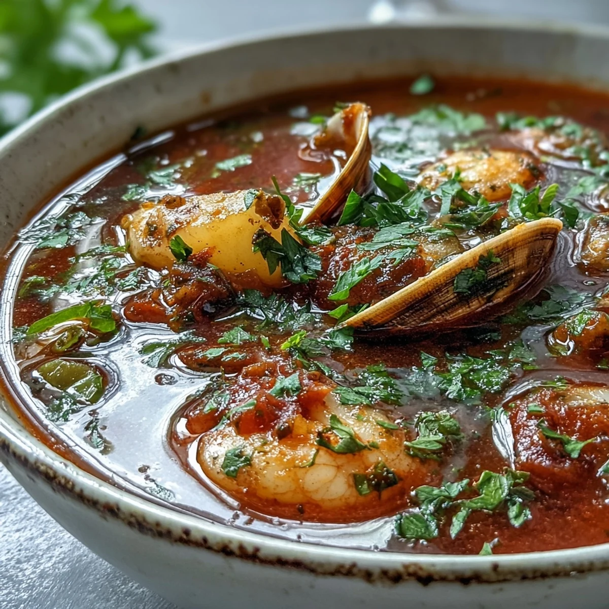 Serving suggestion of Manhattan Clam Chowder with oyster crackers beside a warm sourdough bread slice for dipping.