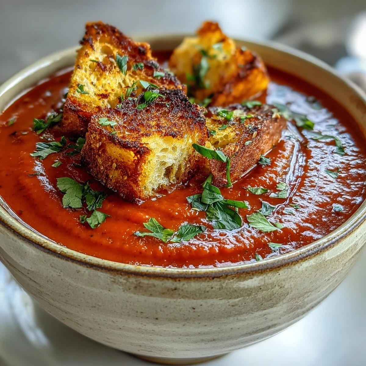 A bowl of velvety Roasted Red Pepper Soup topped with golden, crispy croutons and fresh parsley.