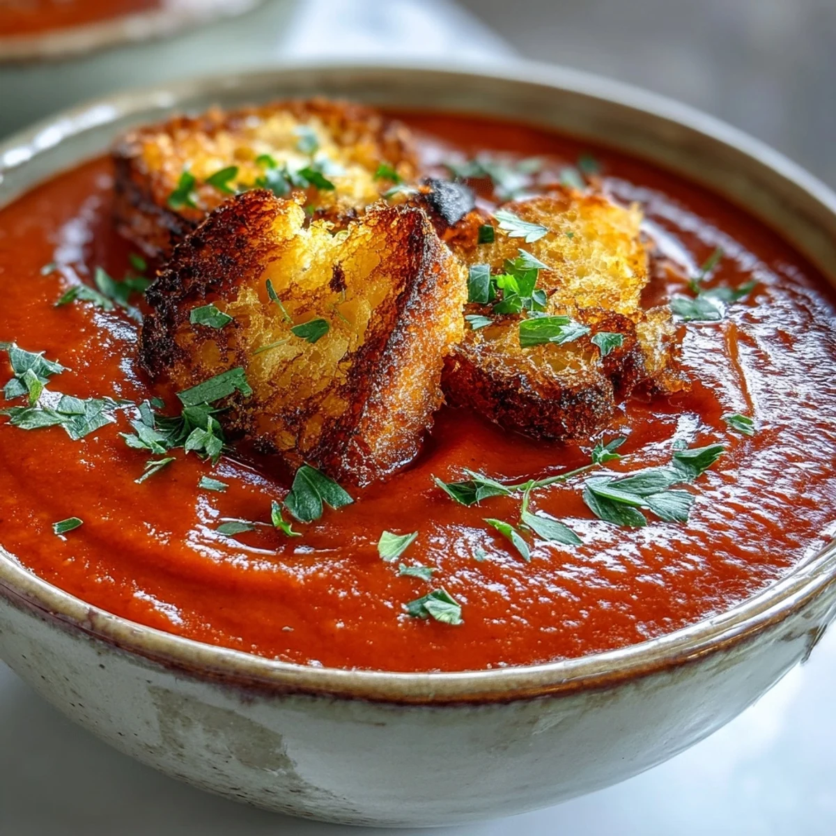 Roasted Red Pepper Soup with Crispy Croutons