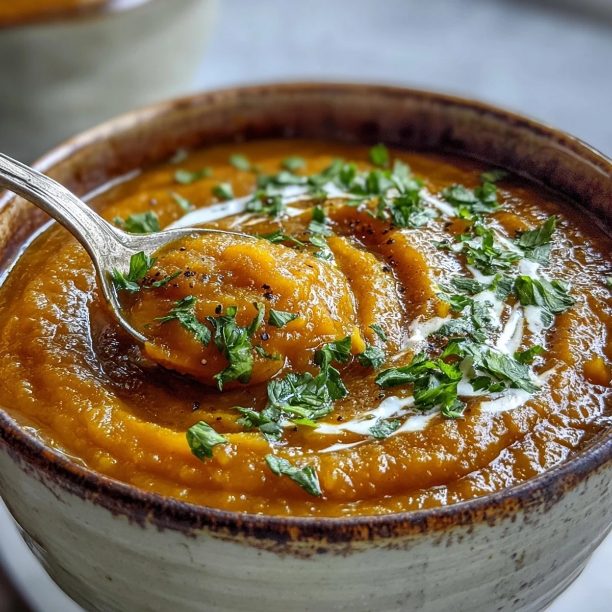 Vibrant bowl of Carrot and Lentil Soup topped with fresh herbs, ready to eat with a spoon resting beside it.