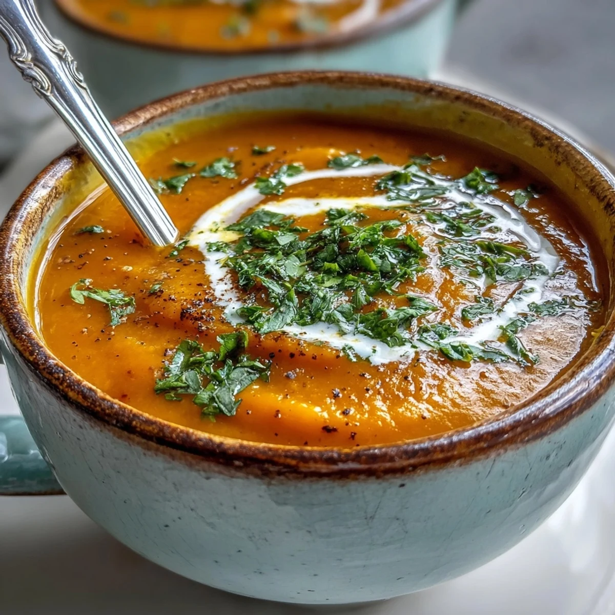 Cozy bowl of Carrot and Lentil Soup garnished with fresh parsley and a swirl of coconut cream, served alongside crusty bread.