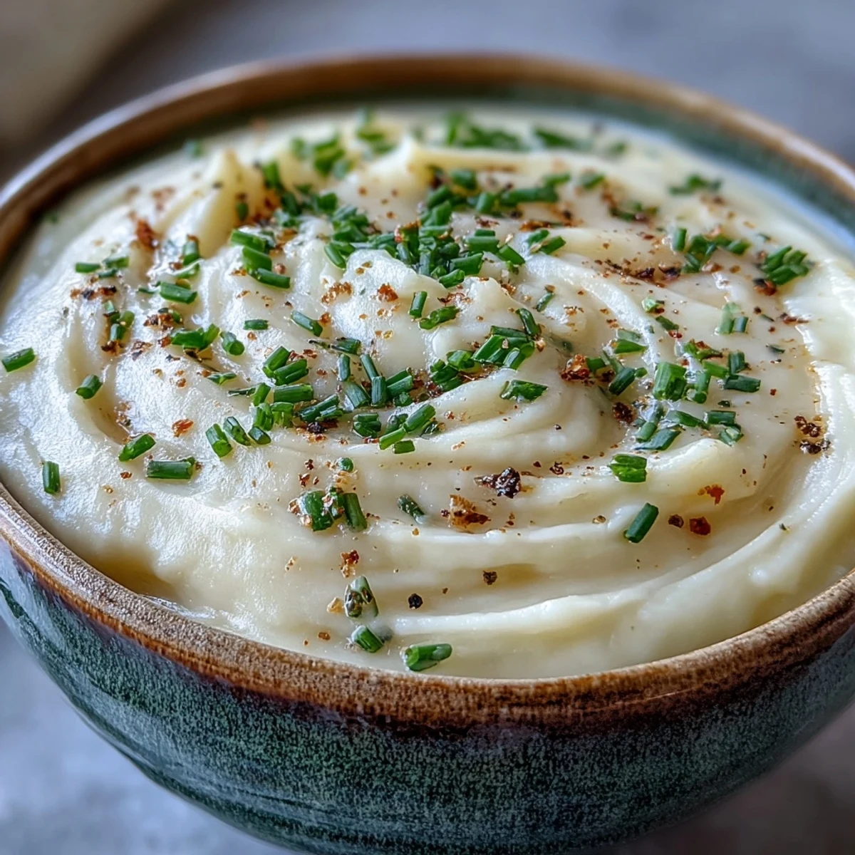 Creamy Cream of Potato Soup garnished with fresh chives, served steaming in a rustic bowl.
