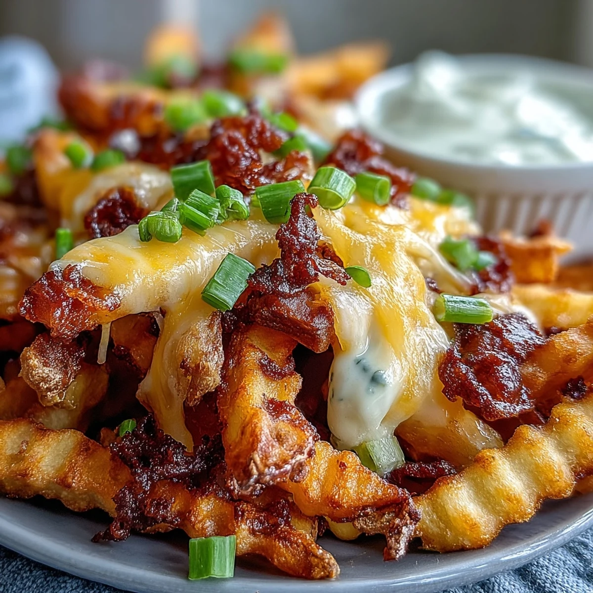 A close-up of Cheesy BBQ Fries with Ranch Dip, featuring gooey cheese and fresh green onions on a platter.