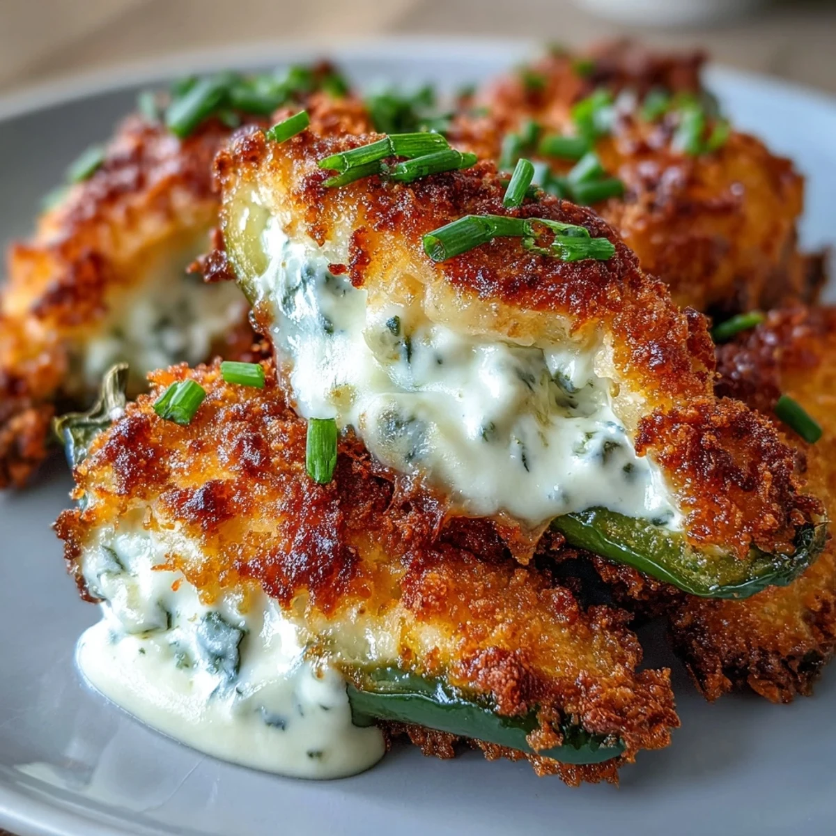 Bite-sized Air Fryer Jalapeño Poppers topped with toasted breadcrumbs and melted cheese, ready to serve as a spicy vegetarian party appetizer.